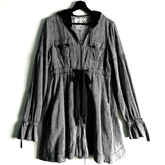 Free People Linen Blend Hooded Herringbone Coat Size 12 EUC - Picture 1 of 16